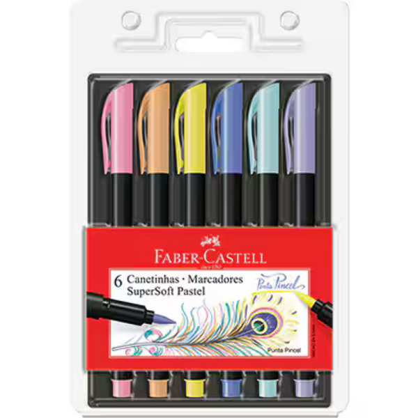 Canetinha SuperSoft Pastel 6 Cores com ponta pincel Faber-Castell - BT 1 UN